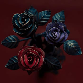 Three multicolored roses, made of metal forging.