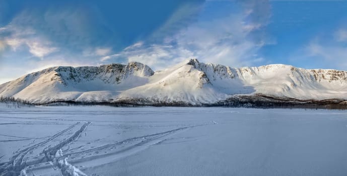 mountain valley in winter under snow, hibiny, russia