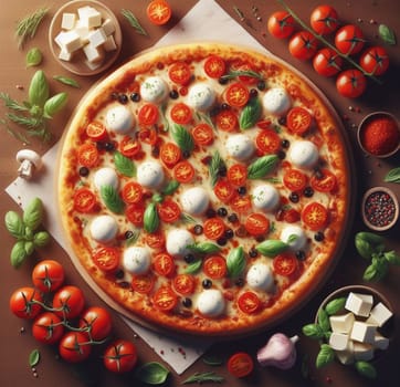 lay flat melted mozzarella cheese tomato and basil pizza ready to eat illustration ai generated