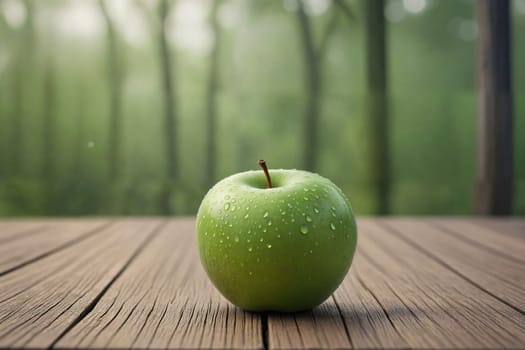 Green apple on wooden table, blur nature background.