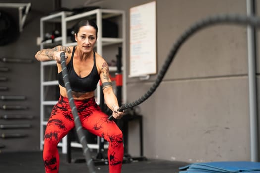 Strong mature woman working out with battle ropes in a cross training gym