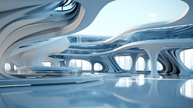 Abstract architecture scene with smooth curves. Abstract background with futuristic building in white and blue colors. Generated AI