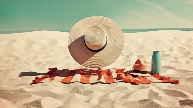 Hat and towel on the sand of the beach. Vacation scene with straw hat on the shore line. Generative AI