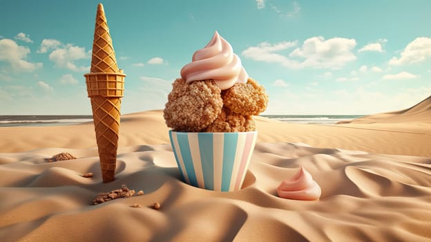 Ice cream cone in the sand of the beach. Vacation scene with ice cream on the shore line. Generative AI