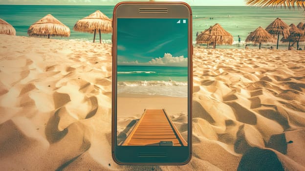 Smartphone in the sand of the beach. Vacation scene with phone on the shore line. Generative AI