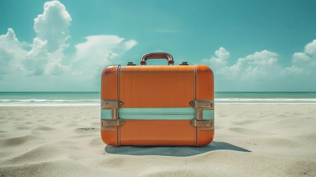 Suitcase in the sand of the beach. Vacation scene with travel case on the shore line. Generative AI