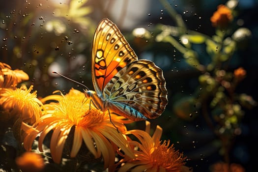 Butterfly on the colorful flowers and plants. Calm nature scene with dreamy colors. Generated AI