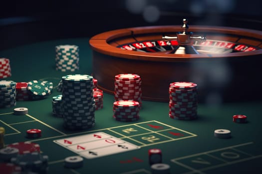 Casino concept with abstract gambling objects. Dark casino room with roulette, cards and dices. Generative AI