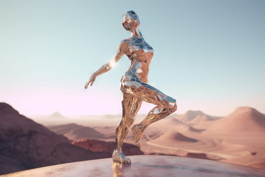 Crome robot woman dancing in the desert. Artificial intelligence rise and shiny. Mechanical beauty. Generated AI