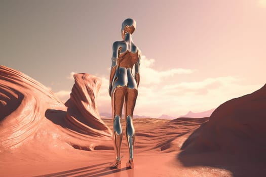 Crome robot woman standing in the desert. Artificial intelligence rise and shiny. Mechanical beauty. Generated AI