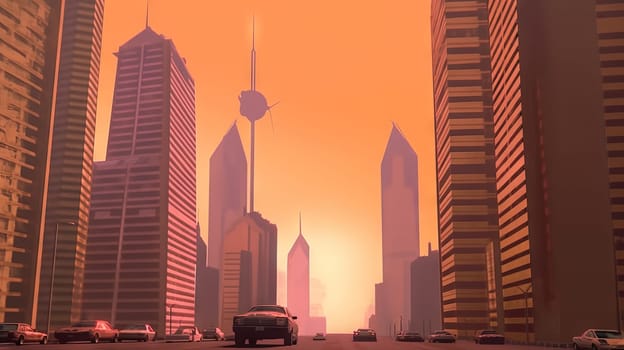 City panorama with highway and orange sky. Cityscape with cars and architecture with red fog sky. Generated AI