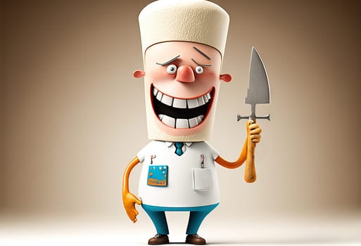 Funny dentist with tool. Happy doctor smiling with all his teeth. Generated AI