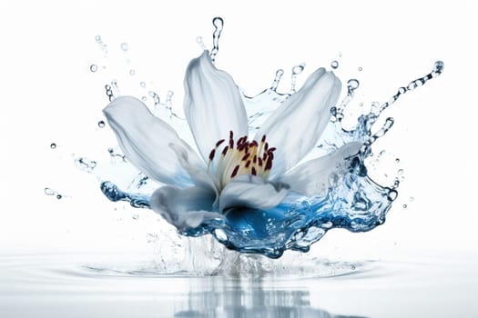 Flower in splashing water. Floral freshness concept with water drops for cosmetic, moisture and self-care packaging. Generated AI