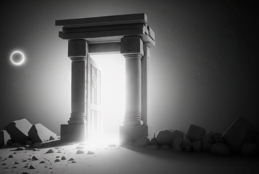 Magic ancient gate of the dark ruins. Black and white background with mystic lightened door. Generated AI