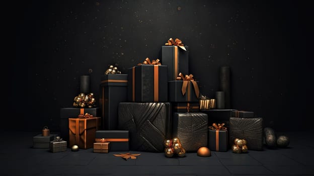Compostion of gift boxes with ribbons for holiday sale event. Generated AI