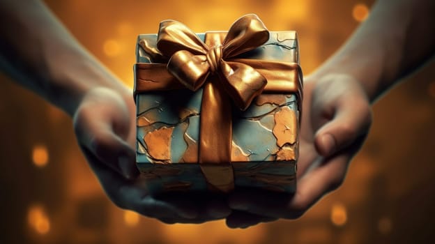 Handcrafted gift box in hands. Offering of the beautiful handmade giftbox. Generated AI