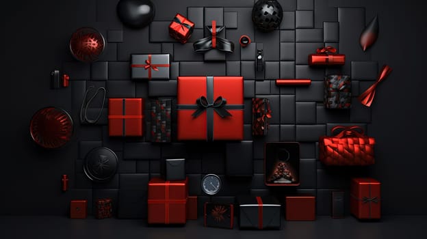 Compostion of gift boxes with ribbons for holiday sale event. Generated AI