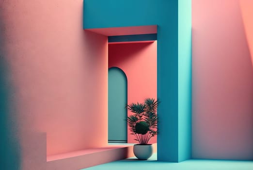 Abstract colorful interior with plants and minimalistic decorations. Vivid colored architectural background. Generated AI