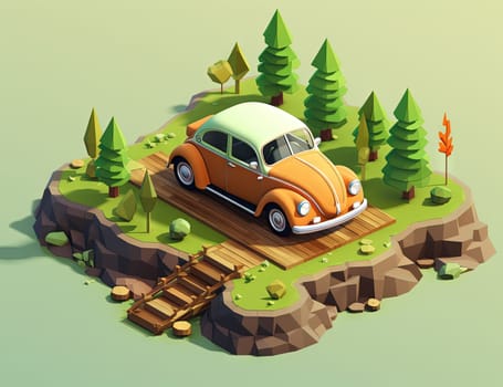 Isometric retro car travelling with elements of environment. Generated AI