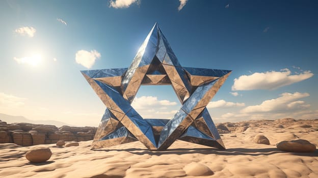 Metallic David star in the sand of desert. Shiny 3D Israel symbol of Magen David. Generated AI