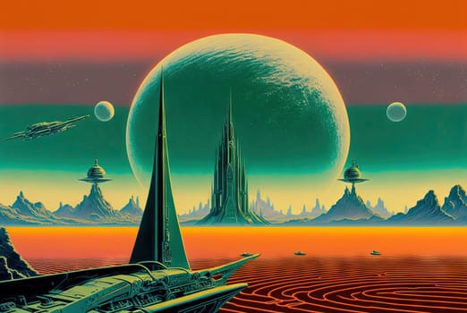 Retrofuturistic landscape in 80s sci-fi style. Retro science fiction scene with futuristic buildings. Generated AI