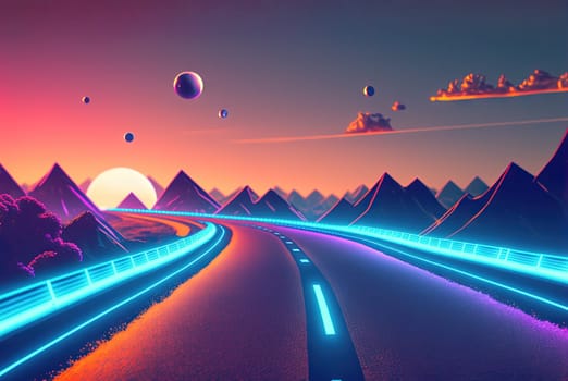 Road to the horizon concept with synthwave colors. Abstract background with surreal night way in 80s style. Generated AI