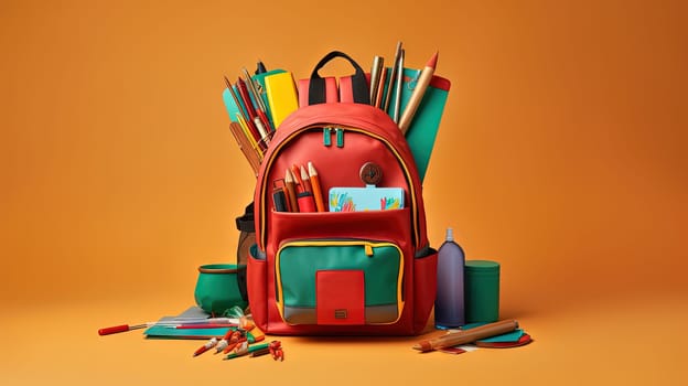 School backpack with colorful learning supplies. Back to school concept. Generated AI