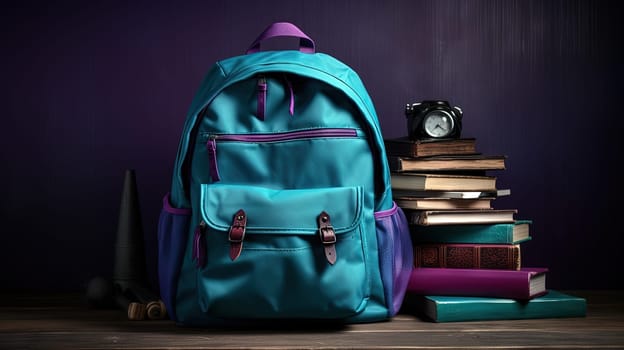 School backpack with colorful learning supplies. Back to school concept. Generated AI