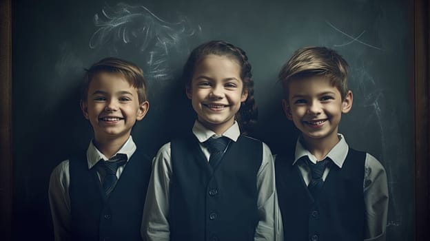 School pupil, boy and girl standing in front of black board. School children couple. Generated AI