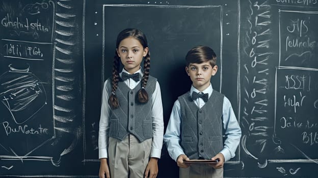 School pupil, boy and girl standing in front of black board. School children couple. Generated AI