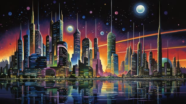 Retro futuristic city in the old school sci-fi art scene. Retro space landscape with city. Generated AI