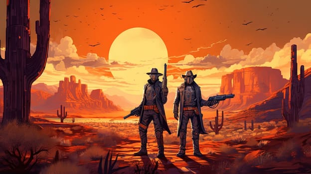 Space cowboys in sci-fi western scene. Sci-fi warriors of the wasteland. Generated AI