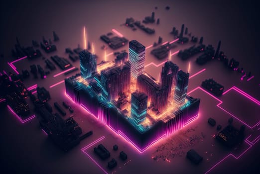 Abstract neon city aerial view. Technology concept of night cityscape with blue lights in synthwave style. Generated AI