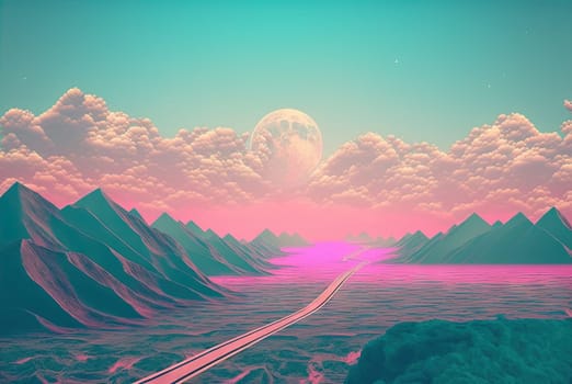 Calm and relaxing landscape with mountains in vaporwave style. Pink and blue view in 90s style. Generated AI