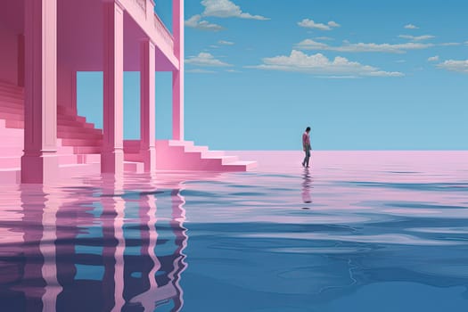 Surreal vaporwave landscape with abstract architecture elements on the water. Dreamy landscape. Generated AI