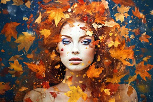 Woman with autumn leaves wreath. Portrait of girl in dreamy fall mood with scattered leaves. Generated AI