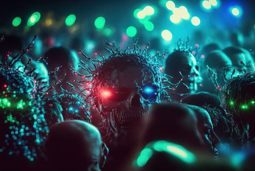 Zombies with scary faces in the crowd during the zombie apocalypse. Horror theme for Halloween or game party ad. Generated AI