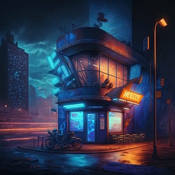 Cyberpunk styled cafe on the street corner with neon lights. Futuristic fast food restaurant with fake neon signs. Generative AI