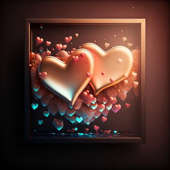 Valentine's Day card with shiny hearts in the frame. Lava lamp or glass styled hearts composition for romantic holidays. Generative AI