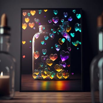 Valentine's Day card with shiny hearts in the frame. Lava lamp or glass styled hearts composition for romantic holidays. Generative AI