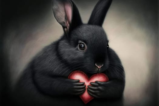 Cute fluffy black rabbit hugging red heart. Valentine's Day greetings from romantic bunny holding heart. Generative AI