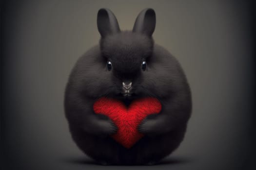 Cute fluffy black rabbit hugging red heart. Valentine's Day greetings from romantic bunny holding heart. Generative AI