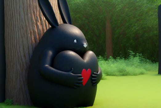 Cute fluffy black rabbit hugging red heart. Valentine's Day greetings from romantic bunny holding heart. Generative AI