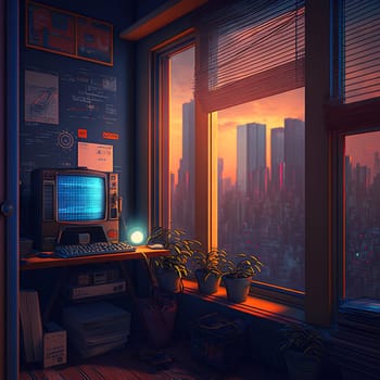 Nostalgic retro room in 80s synthwave or cyberpunk style. Futuristic neon interior of the 90s styled apartment with tv screen or computer monitor