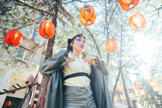 Portrait of an Asian woman against the background of Chinese lanterns