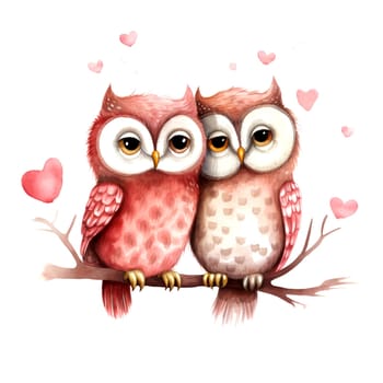Cute Owls for Valentines Day. Watercolor. Clipart is a great choice for creating cards, invitations, party supplies and decorations. AI generated.