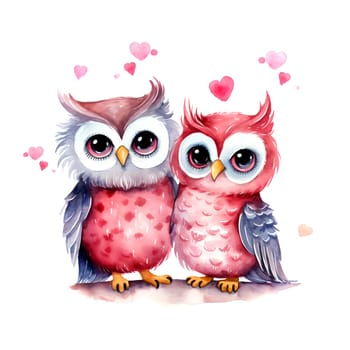 Cute Owls for Valentines Day. Watercolor. Clipart is a great choice for creating cards, invitations, party supplies and decorations. AI generated.