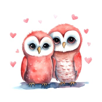 Cute Owls for Valentines Day. Watercolor. Clipart is a great choice for creating cards, invitations, party supplies and decorations. AI generated.