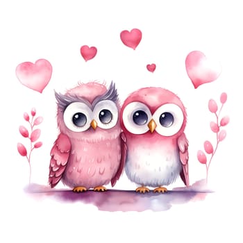 Cute Owls for Valentines Day. Watercolor. Clipart is a great choice for creating cards, invitations, party supplies and decorations. AI generated.