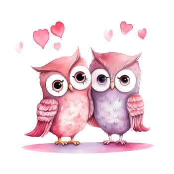 Cute Owls for Valentines Day. Watercolor. Clipart is a great choice for creating cards, invitations, party supplies and decorations. AI generated.